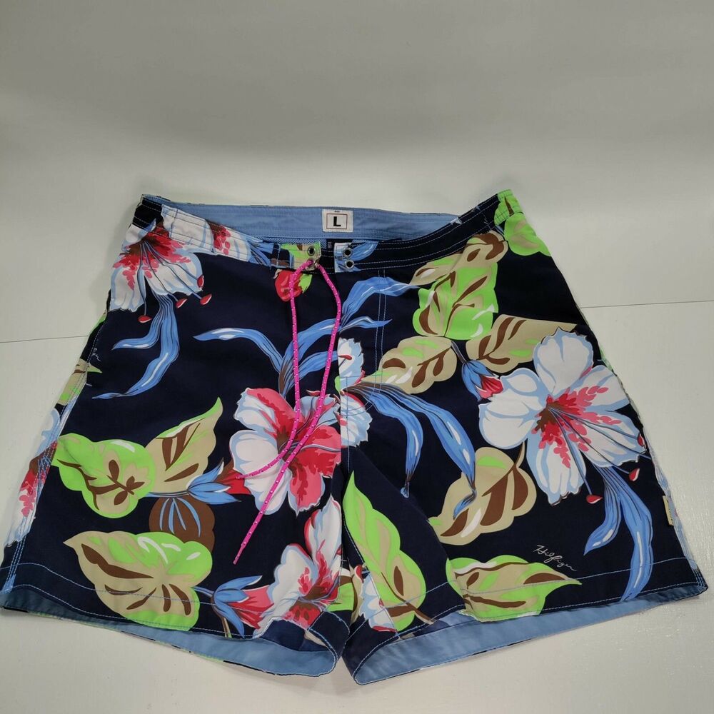 Tommy Hilfiger Mens Large Floral Tropical Blue Green Swim Trunks Shorts Lined